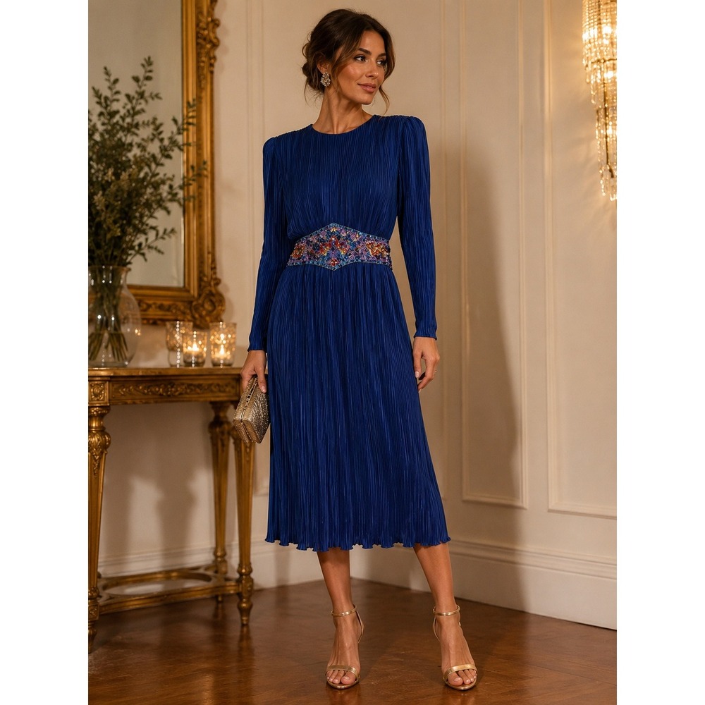 Vintage ILGWU Blue Pleated Beaded Midi Dress 80s Cocktail Party Dress Size 8